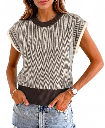 Flowyair Womens Cap Sleeve Sweater Vest Color Block Knit Crop Tops Crew Neck Casual Lightweight Pullover Tops Brown - Image 1