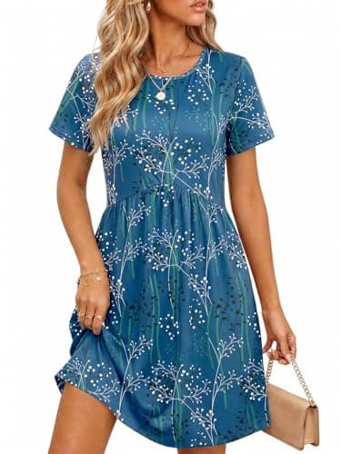 Wenrine Summer Dresses for Women 2026 T Shirt Casual Crew Neck Dresses Short Sleeve Loose Beach Mini Dress with Pockets A-Blue - Image 1