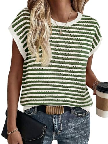 Saodimallsu Womens Short Sleeve Sweater Summer Striped Crochet Tops Casual Cap Sleeve Crewneck Knit Sweater Vest T-Shirts Green - Image 1