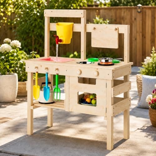 Outdoor Play Kitchen for Kids, Mud Kitchen with Water Faucet, Dual-Sided Chalkboard, Storage Shelves, Cups, Removable Sink, and Pretend Stove – Backyard Toddler Playset for Boys and Girls - Image 1