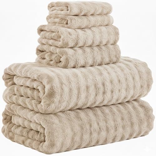 KBY Bath Towels Set 6 Piece 40x80 Inches,2 Extra Large Bath Sheets 2 Hand Towels 2 Washcloths,Highly Absorbent Quick Dry Microfiber,Ultra Soft Towel Set for Bathroom,Spa,Gym, Hotel (Beige) - Image 1
