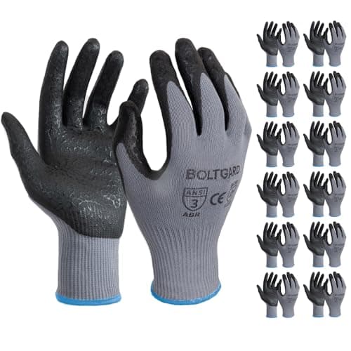 BOLTGARD Work Gloves for Men Pro with Wavy Foam Nitrile Grip, Touchscreen Breathable for Construction, Mechanics, 12 pair, Large