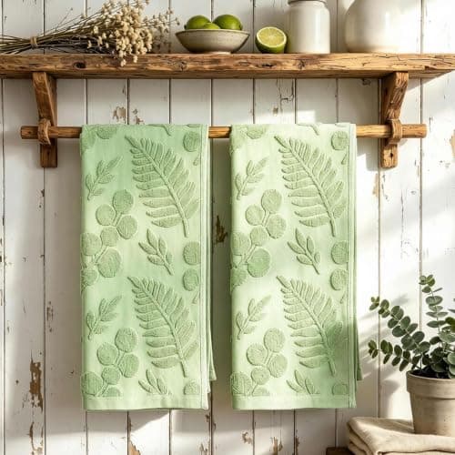 yuboo 2 Pcs Green Leaf Hand Towels Set for Bathroom Decor, 3D Tufted Decorative Soft Hand Towel Set for Hand Drying and Daily Use, Summer Farmhouse for Dorm Home & Gift Giving 13"x29" - Image 1