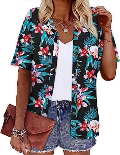 LILYCHIC Women's Hawaiian Shirts Tropical Tops Blouses Outfits Luau Party Floral Summer Beach Coconut Tree Shirt Black, 2XL - Image 1