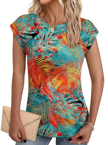 NORACORA Womens Spring Summer Floral Print Blouse Lightweight Cap Sleeve Shirts Dressy Casual Tunic Tshirts Shirts for Women Trendy Tropical Vacation Outfits Tropical Leaves XL - Image 1