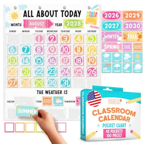 Large 45 Pockets Classroom Calendar Pocket Chart - 24x29" Pocket Calendar, Teacher Calendars Bulletin Board Set, Elementary Kindergarten Preschool Classroom Decor, Crayon Bulletin Board Decorations