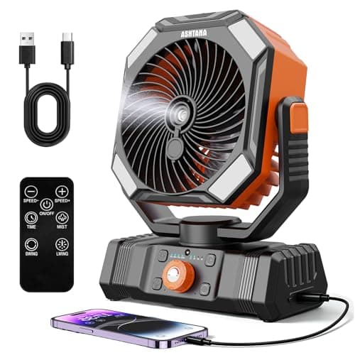 Ashtana 20000mAh Portable Misting Fan, 16H Runtime Battery Operated Fan with 2 Mist Modes, 120° Auto Oscillation & Remote Control, 3-Speed LED Outdoor Cooling Fan for Camping, Patio, Beach, Picnic