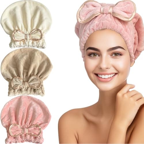 Jseng Microfiber Hair Towel Caps, 3 Packs, Fast Drying, Cute Bowtie Design, Cream, Khaki, Pink, Women & Girls Aged 14 And Above - Image 1