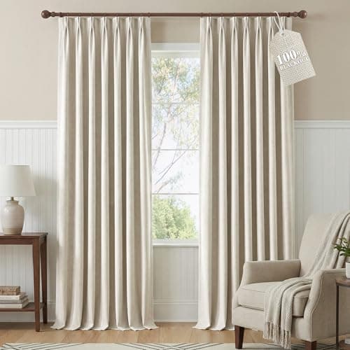 NICETOWN PRO 100% Blackout Beige Curtains for Living Room, Pinch Pleated Linen Blend Window Treatments Thermal Drapes Sound Dampening for Bedroom, W40 x L108, 2 Panels - Image 1