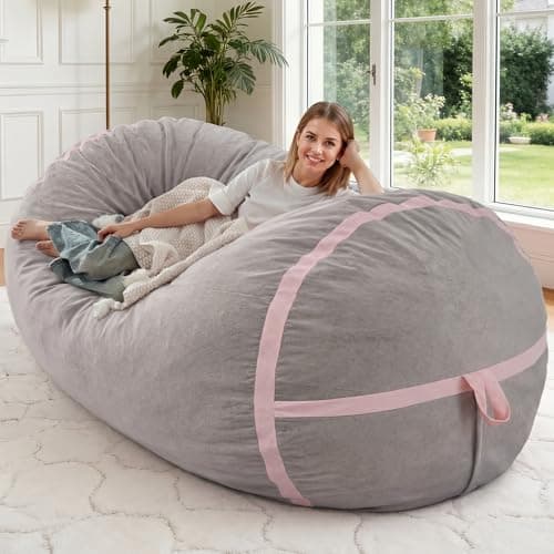 HABUTWAY 5ft Bean Bag Chair Giant Bean Bag Chairs for Adults with Memory Foam Filled, Large Beanbag Chair with Removable Dutch Velvet Cover for Living Room, Bedroom, Dorm, Light Grey & Pink - Image 1