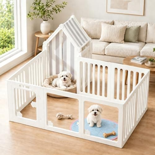 Clear Acrylic Dog Playpen Indoor - Puppy Play Pen with Pet Mat, Stable Pet Play Pen for Small Dogs and Cat, Easy Assemble & Cleaning Dog Fence, (24 Inch, 10 Panels, White) - Image 1