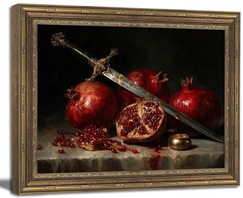 Gold Framed Wall Art, Dark Academia Pomegranate Canvas Prints - Vintage Gothic Kitchen Still Life Pictures, Moody Sword and Fruit Decor Gallery Artwork for Living Room, Bedroom 12x16 inch - Image 1