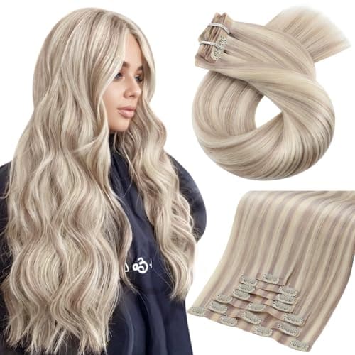 Moresoo Seamless Clip in Hair Extensions Real Human Hair Blonde Highlight Remy PU Weft Human Hair Clip in Extensions for Women Cool Ash Brown with Bleach Blonde with A Hint of Pink 7pcs 120g 20Inch - Image 1