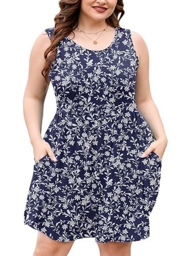 AusLook Plus Size Summer Tank Dress for Women Vine Flower 2X Casual Sleeveless Crewneck Flowy Pleated Sun Maternity Tunic Dresses Babydoll Tshirt Swing Vacation Sundresses with Pockets - Image 1