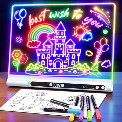 16“ Rechargeable LED Drawing Board, 9-Color Light Modes with Timer & Built-in Stand, Neon Art Dry Erase Glow Up Doodle Note Pad, Sketching Gift Toy for Kids/Girls/Teens, 6 Markers & Tracing Book