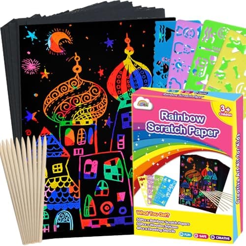 ZMLM Scratch Paper Art Crafts Kids Gifts, 100PCS Rainbow Scratch Paper Art for 3 4 5 6 7 8 9 Years Old Girls Boys, Arts and Crafts for Kids 4-6, Birthday Gifts Toys and Party Favors (Pink) - Image 1