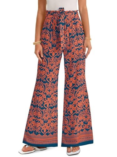 Yousify Women Wide Leg Boho Pants High Waisted Printed Palazzo Pant Casual Flowy Tie Knot Vacation Trousers with Pockets Lake Blue - Image 1