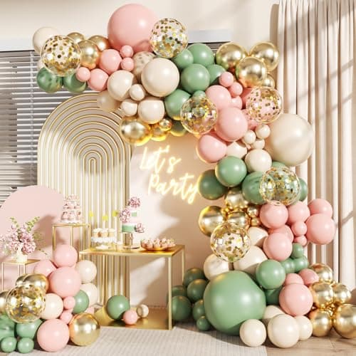 Sage Green Pink Gold Balloons Arch Kit, 140Pcs Pastel Sage Green Pink Gold Balloon Garland Arch Kit Confetti Balloons for Wedding Bridal Shower Spring Birthday Party Decorations