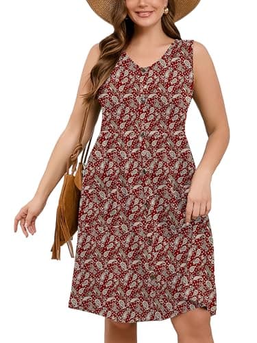 AusLook Plus Size Women Summer Dress Sleeveless V Neck Casual Cute Loose Sundress Red Paisley 5X Comfy Swing Button Down Midi Work Flowy Tunic Ladies Beach Vacation Teacher Dresses with Pockets - Image 1