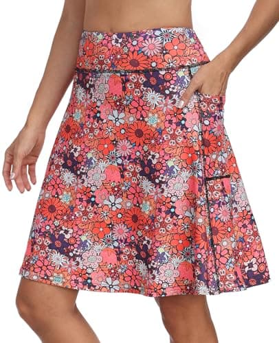 KORALHY Golf Skorts for Women with 4 Pockets 20" Knee Length Skirts Tennis Athletic Casual Skorts with Shorts Orange Pink Flowers XL - Image 1