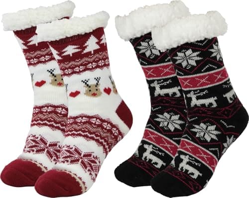 BenSorts Women's Slipper Socks with Grippers House Home Winter Warm Cozy Fuzzy Sherpa Non Slip Grips Socks Non Slip Comfy Soft Christmas Gift Christmas Black Red 2 Pairs - Image 1
