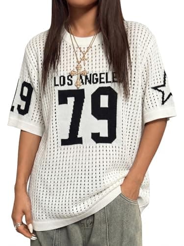 Jersey Shirts for Women Casual Number Graphic Tees Crochet Hollow Out T Shirt Y2k Short Sleeve Knit Tops White - Image 1