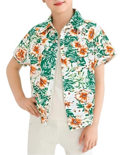tagyum Boys Hawaiian Shirt 7Y 8Y Short Sleeve Boys Button Down Shirt Beach Casual Summer Print Top T-Shirt for Kids Dark Green - Image 1