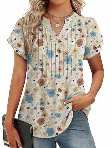 Funlingo Blouses for Women Dressy Casual Short Sleeve Business Casual Tops Chiffon Work Shirt V Neck Pleated Work Shirts Office Attire Cream Color Flowers M - Image 1