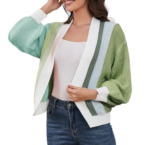 Women's Color Block Short Cardigan Without Button Trendy Open Front Cropped Long Sleeve Sweaters Fall Spring Dopamine Clothes for Teen Girl (Green, XL) - Image 1