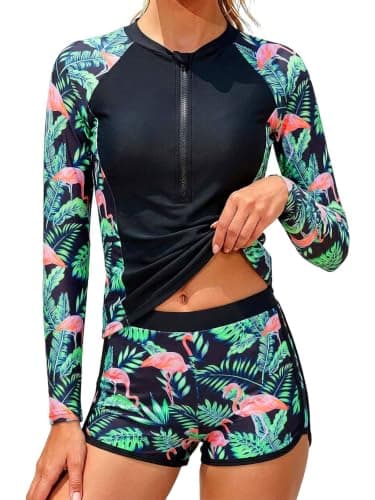 Dolxico Girls Rash Guard Swimsuits 2 Piece Long Sleeve Bathing Suits UPF 50+ Half Zip Printed Boyshorts for Tweens Girls' Summer Swimwear Size 9-10 Years(Flamingo) - Image 1