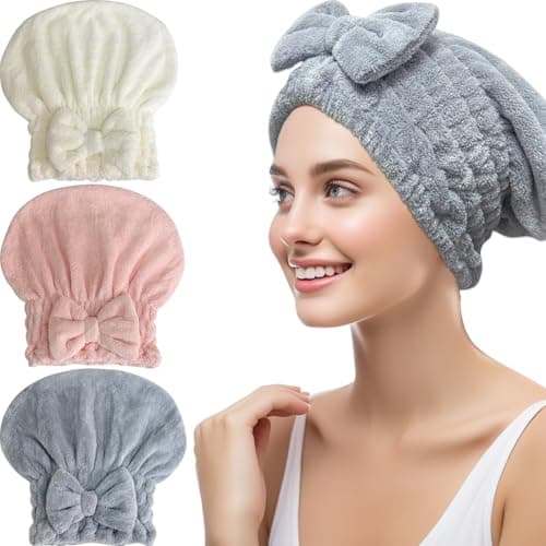 Jseng 3Packs Microfiber Hair Towel for Women - Quick-Drying, Super Absorbent Hair Wrap with Bow Design, Soft Hair Towel Turban for Curly Long Wet Hair - Image 1