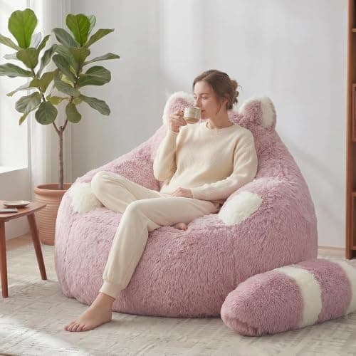 EBENCHICO Giant Bean Bag Chair for Adults Teens, Raccoon Shaped Faux Fur Bean Bag Sofa with Filler, Plush Beanbag Couch with Tail Pillow for Gaming, Reading, Bedroom, Dorm - Image 1