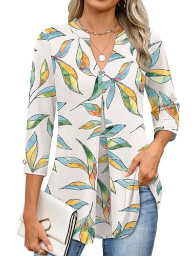 ANRABESS Womens Tops Business Dressy Casual Blouses 3/4 Length Sleeve Shirts 2026 Fall Work Tunic Tee TShirts Office Outfits Multi Leaf Small