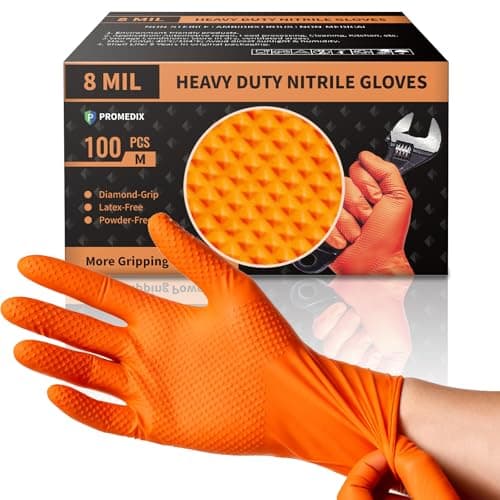 PROMEDIX P Heavy Duty Nitrile Gloves with Diamond Texture 8 Mil Non-Medical Disposable Glove Latex Free Powder Free Industrial -Orange,L - Image 1
