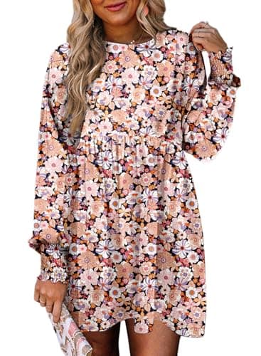 Dokotoo Spring Dresses for Women 2026 Casual Boho Floral Plus Size Dresses Cute Crew Neck Long Sleeve Empire Waist Mini Babydoll Dress Flowy Wedding Guest Tunic Shift Dress Black Medium - Image 1