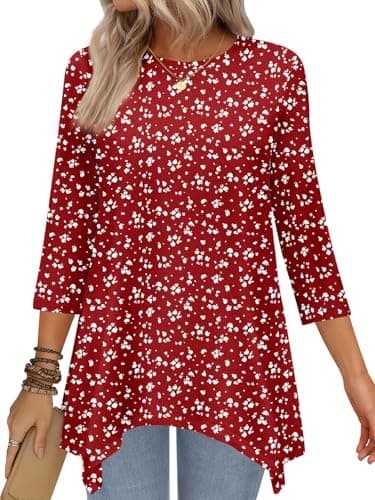 JUSTFASHIONNOW Womens Blouses Dressy Casual 3/4 Sleeve Tops for Women Trendy Spring Floral Printed Shirts for Women Fashion Clothes Outfits(Floral Red,Medium - Image 1