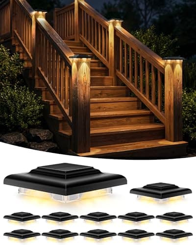 T-SUN 4x4 Solar Post Cap Lights 12 Pack, Warm White Solar Post Cap Lights with 12 LEDs, IP65 Outdoor Solar Post Cap Lights for Wood/Vinyl Fence Posts, Deck, Patio, Garden, Porch - Image 1