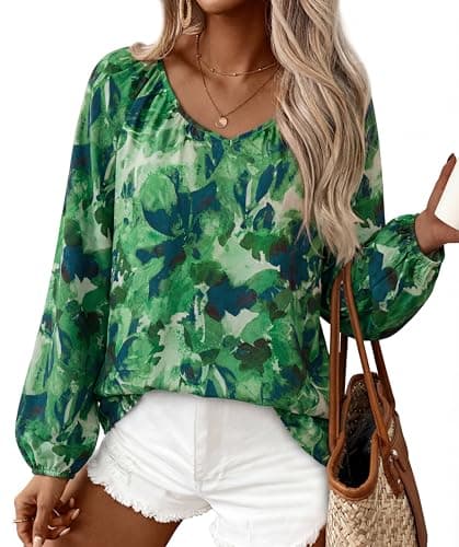 Zenlonr Women's Summer Tops Dressy Casual 2026 V Neck Satin Silk Printed Shirts Boho Long Sleeve Work Blouses(Floral Green,X-Large) - Image 1