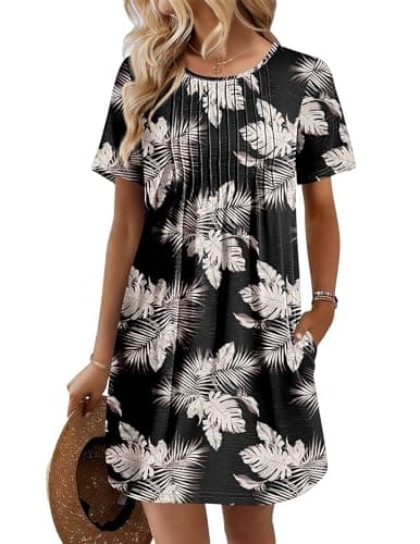 Ekouaer Swimsuit Coverup for Women 2026 Short Sleeve Bathing Suit Cover Ups Beach Summer T-Shirt Dresses with Pockets Khaki Black Leaf M - Image 1