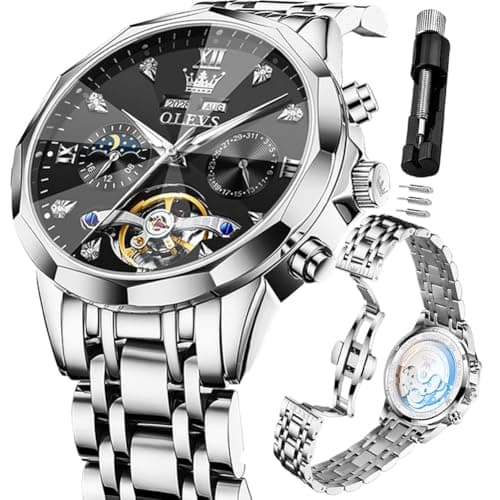 OLEVS Mens Watches Black Automatic Waterproof Watch for Men Luxury Dress Silver Stainless Steel Self Winding Men's Wrist Watches Mechanical Fashion Big Face Diamond Mens Watch Relojes para Hombres - Image 1