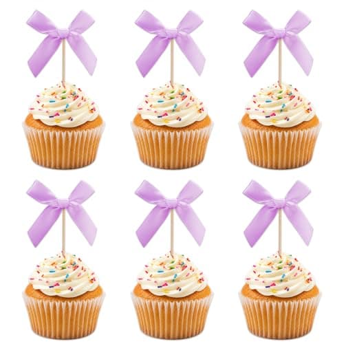 Oeyliz Purple Bow Cupcake Toppers Bow Cake Topper Decorations 24 PCS Purple Bows Cupcake Toppers Birthday Party Decorations Cake Bow Cupcake Topper Baby Shower Birthday Wedding Bridal Party Supplies - Image 1