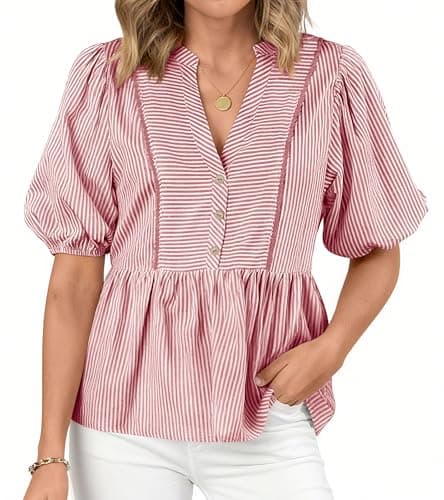 dowerme Womens Summer Tops 2026 Fashion Lantern Short Sleeve V Neck Button Peplum Shirts Spring Stripes Babydoll Blouses(Red,X-Large) - Image 1