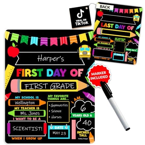 My First Day of School Sign with Marker -11"x14" Double-sided & Reusable Back to School Sign Board and Photo Prop for First and Last Day, Kindergarten PreK Preschool Chalkboard Back to School Supplies - Image 1