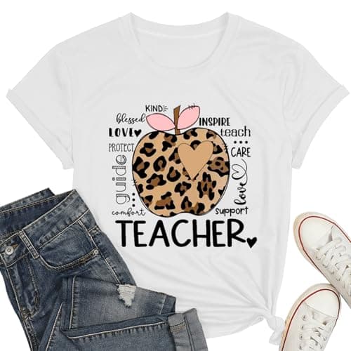 Leopard Print Apple Teacher Shirt for Women-Inspirational Heart Tee Tops Teacher Love Teach Inspire Short Sleeves - Image 1