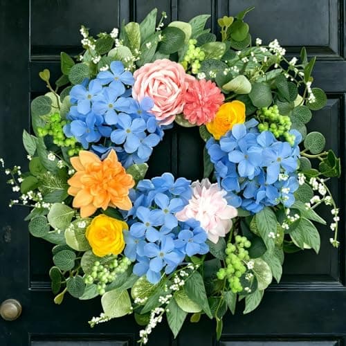 MAISONRINA Spring Wreaths for Front Door 24 Inch, Spring Summer Front Door Wreath with Hydrangea & Eucalyptus, Artificial Floral Wreath for Porch Garden Patio Wall Window Indoor Outdoor Home Decor - Image 1