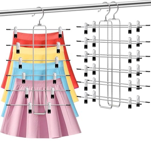 FATHITA 6-Tier Space Saving Pants Hangers with Clips, Multi-Functional Skirt & Jean Organizer for Small Closets, Dorm Room Essentials, 2 Pack Metal Clothes Storage - Image 1