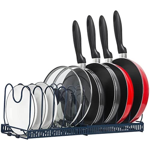 ROOHUA Expandable Pot and Pan Organizer - Cabinet Pot Lid Holder with 10 Adjustable Compartments for Cookware, Baking, Frying (Dark Blue, 10) - Image 1