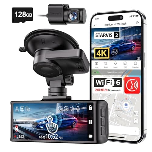 REDTIGER 4K STARVIS 2 Dash Cam Front and Rear, 5GHz WiFi 20MB/s Download, 128GB Card Included, Voice Control, Dash Camera for Cars with 3.18" Touch Screen, GPS, Loop Recording, Parking Mode(F7N Touch) - Image 1
