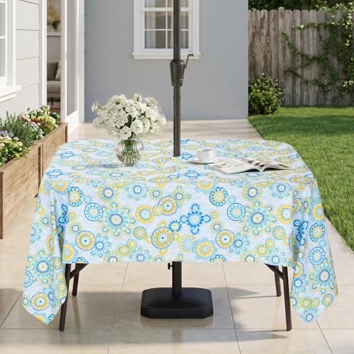 Eternal Beauty 60''X84” Rectangle Tablecloth Waterproof Outdoor Tablecloth with Umbrella Hole Zipper for Patio Spring Summer Picnic Tables (Floral Circle) - Image 1