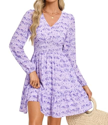 GRACE KARIN Summer Floral Mini Dress 2026 Fall Long Sleeve Wedding Guest Dress A Line Flowy Boho Short Dresses with Pockets Purple Floral 2XL - Image 1